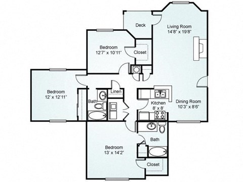 3-bedroom/2-bathroom floor plan layout with 1,339 square feet at Chace Lake Villas apartments for rent in Birmingham, AL